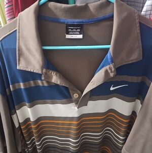 Nike Men's Blue, Brown & Orange Striped Golf Polo